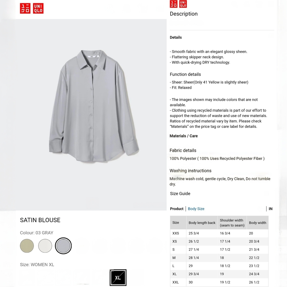 🇯🇵 Uniqlo Long Sleeve Grey Satin Button Blouse - Picture 15 of 16